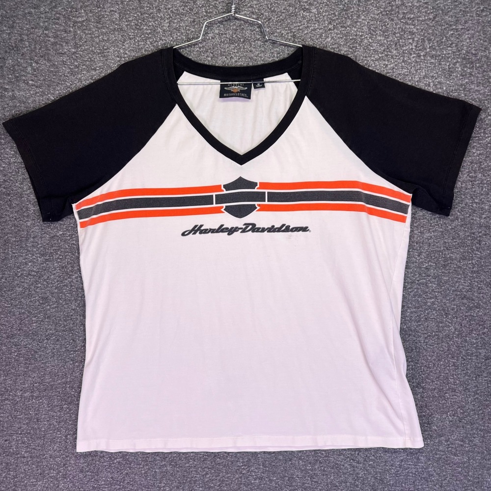 Harley-Davidson Shirt Women 1W White Raglan V-Neck Grunge Biker Graphic Moto